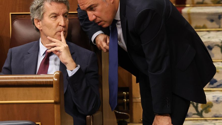 El presidente del PP, Alberto Núñez Feijóo (i) y el vicesecretario General de Política Autonómica y Municipal y Análisis Electoral del PP, Elías Bendodo (d), durante una sesión de control al Gobierno en el Congreso de los Diputados, a 14 de mayo de 2025,
