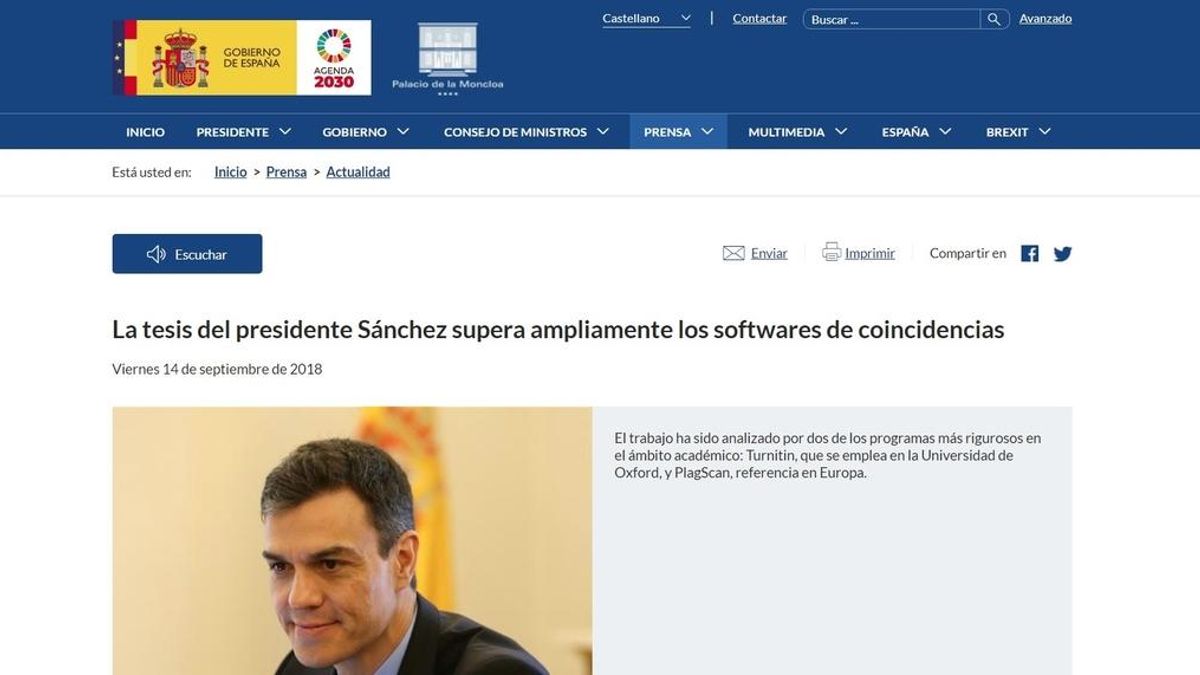 Moncloa aclara a Ciudadanos que la revisión antiplagio de la tesis de Sánchez no lo hizo el Gobierno, sino el presidente