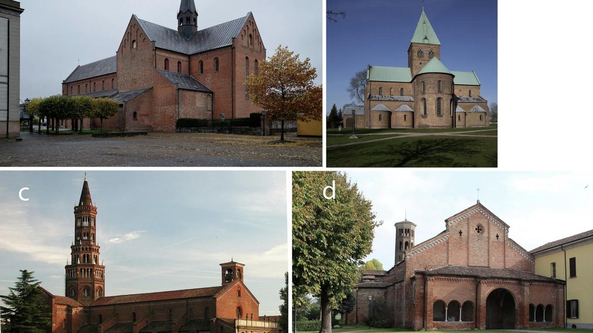 Vistas exteriores de las cuatro iglesias en: ( a ) Sorø (Thomas Olsen); b Ringsted (Thomas Olsen); c Chiaravalle Milanese (Wikipedia); y d Abbadia Cerreto cerca de Lodi (Thomas Bertelsen).