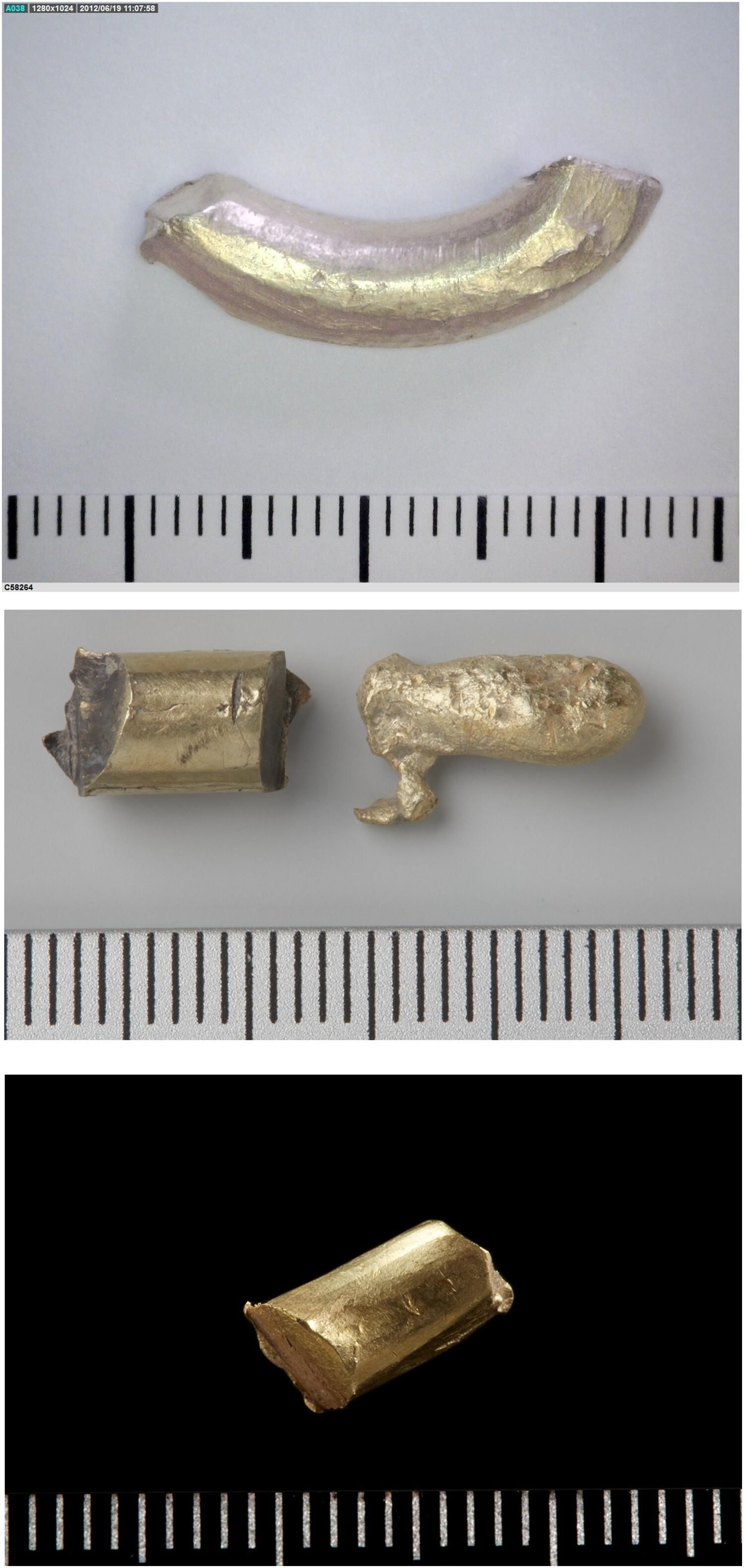 Fragmentos no diagnósticos de oro. (a) C58241; (b) C60288/3; (c) C60404.