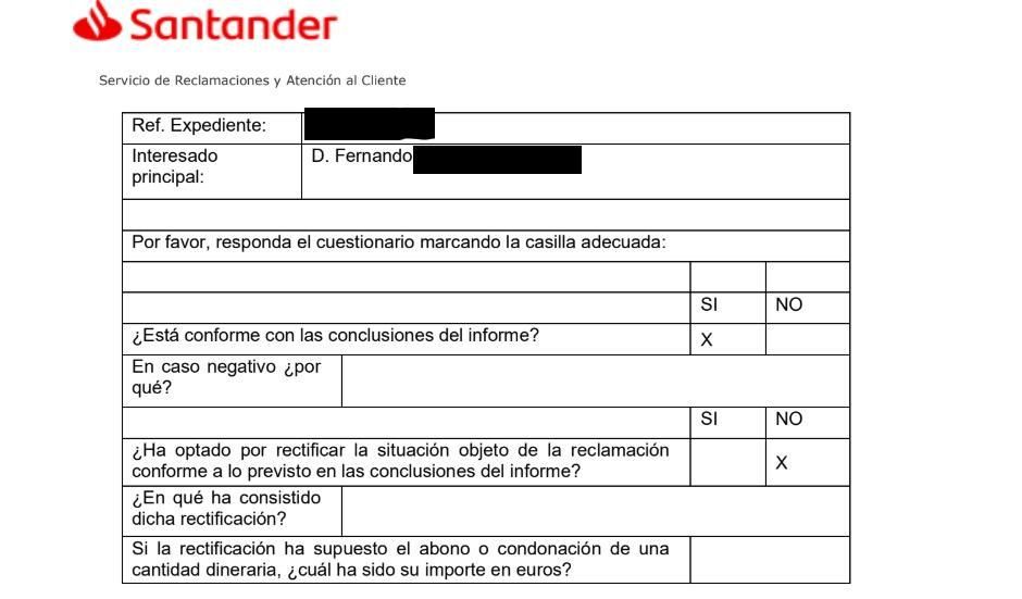 Santander Bank form in response to the Bank of Spain report.