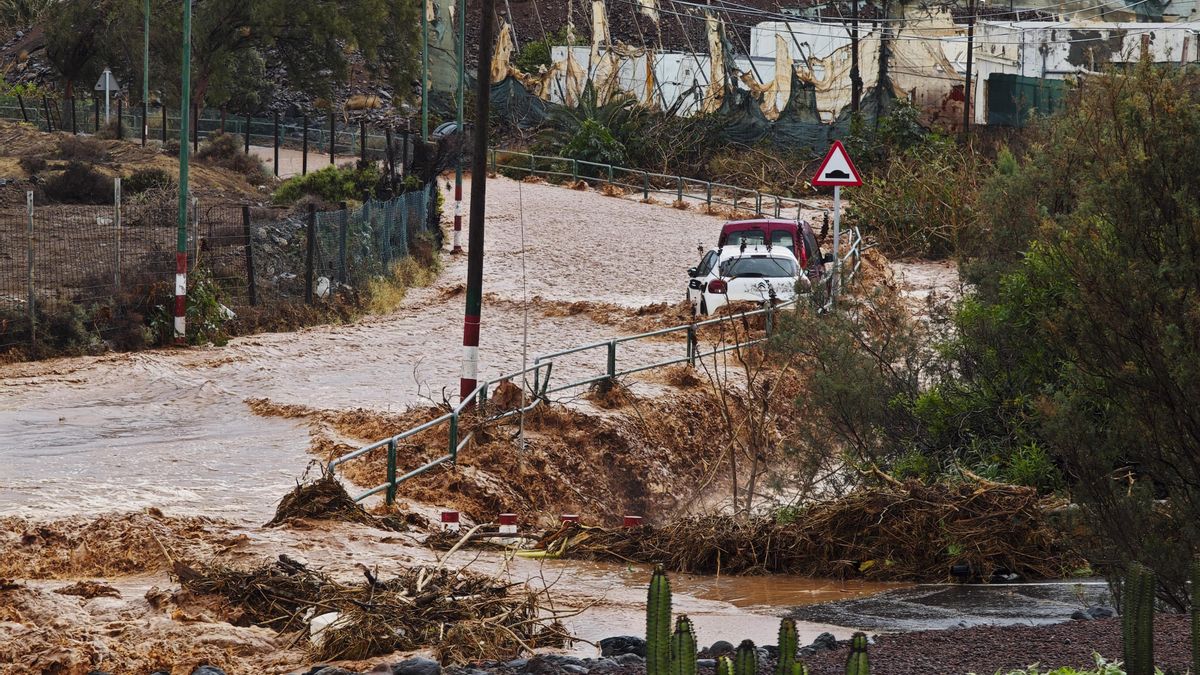 El barranco de Ojos de Garza, el Telde (Gran Canaria), desbordado por fuertes lluvias que afectaron a esta zona de la isla en marzo de 2025.