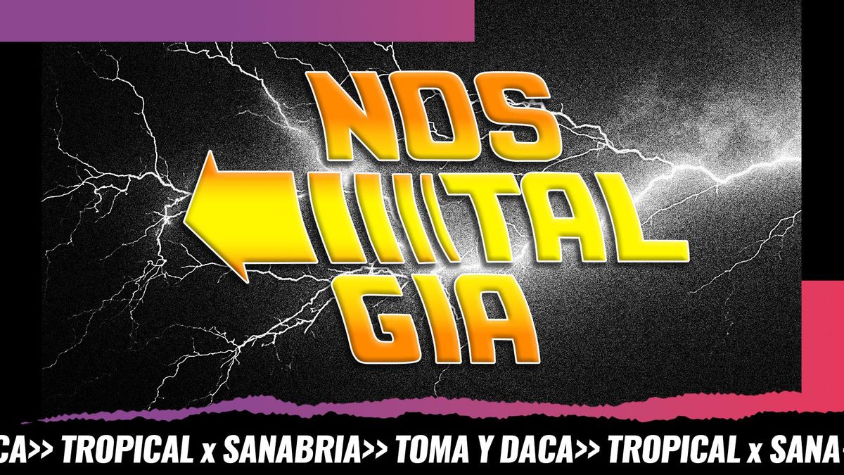 La palabra "nostalgia" diseñada al estilo del poster de la película "Regreso al futuro"