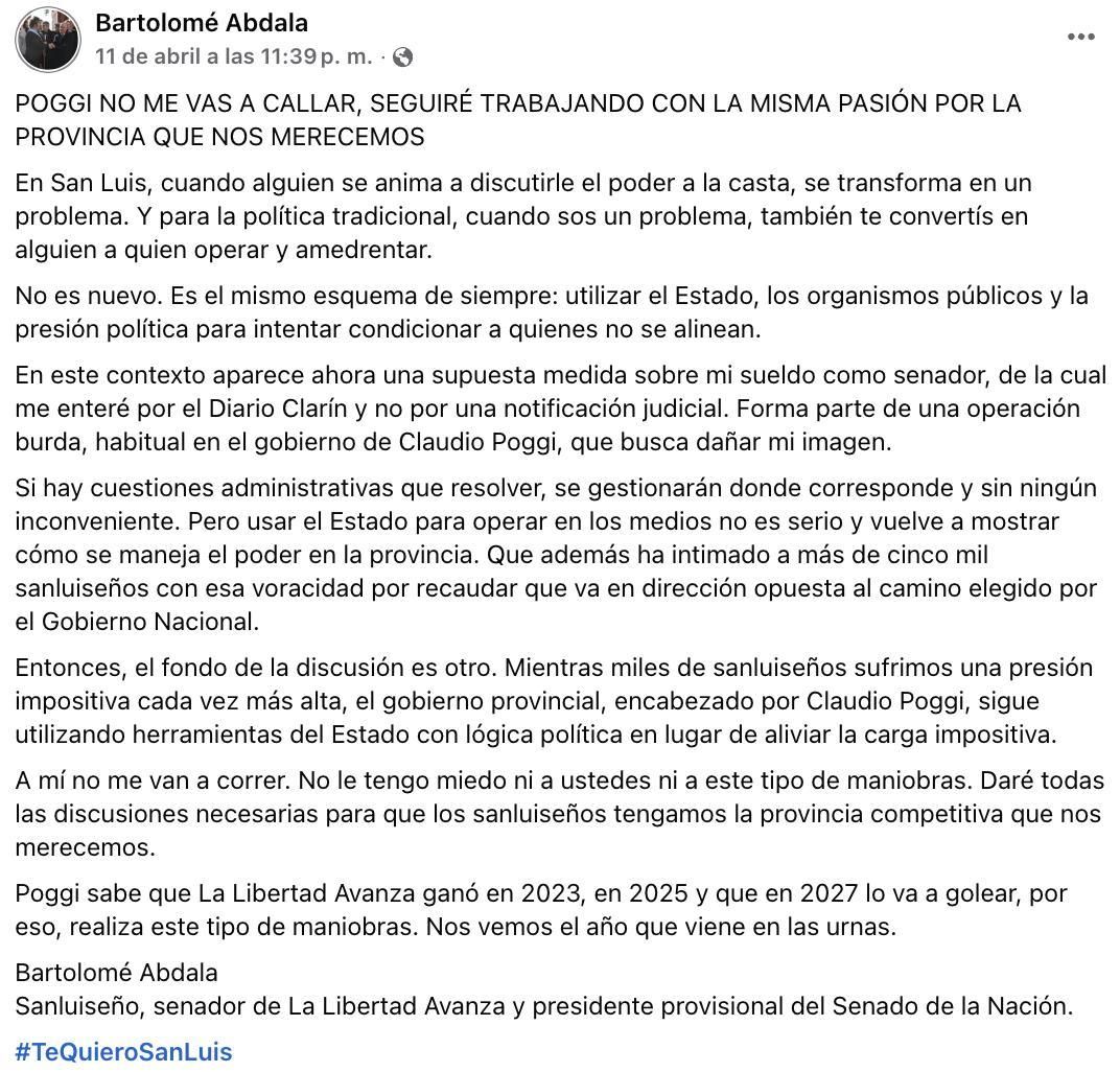 El mensaje de Abdala en Facebook.