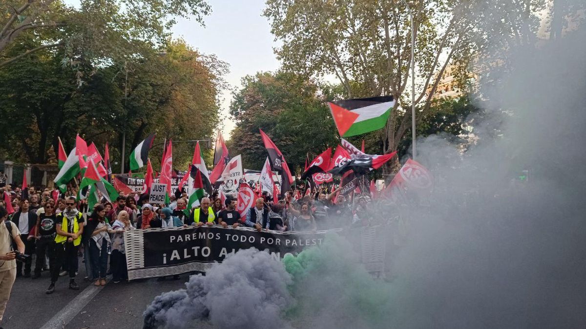 Botes de humo con los colores de Palestina acompañan la manifestación en Madrid.