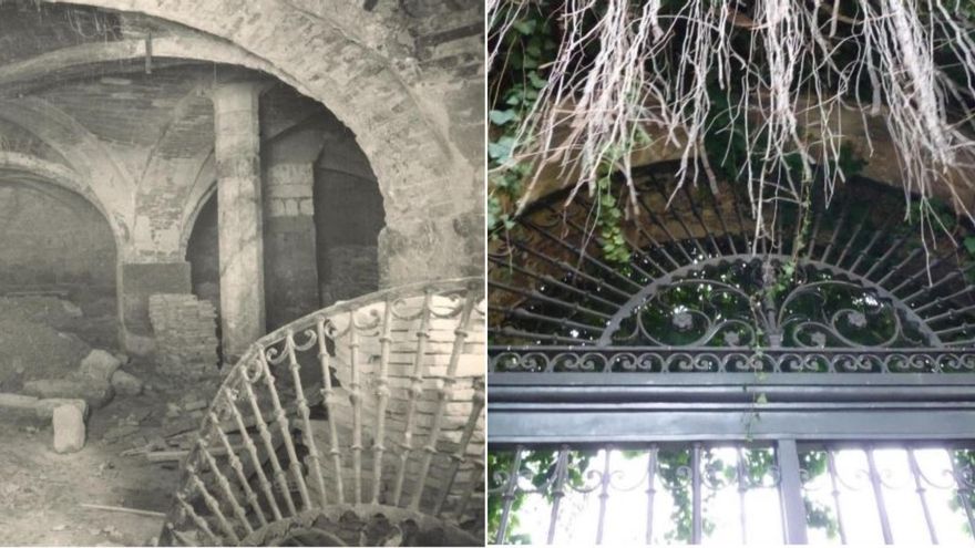 La verja de la puerta de Santo Domingo en las obras del Ayuntamiento y ahora en la entrada de la mansión de los Huarte.