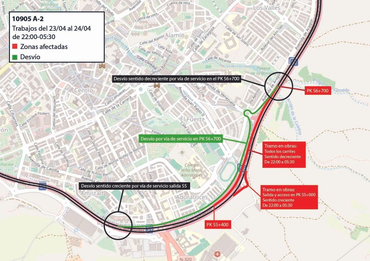 Principales desvíos mientras duran las obras en la autovía A-2.