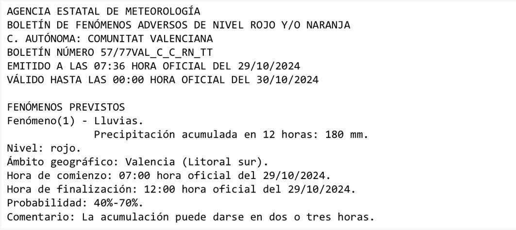 Boletín remitido por la Aemet a Emergencias de la Generalitat en el que advierte de que "las acumulaciones pueden darse en dos o tres horas"