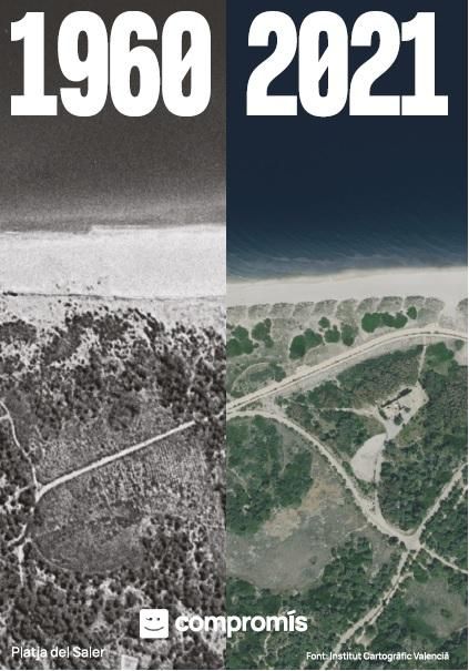 Imatge comparativa d'una platja del Saler en 1960 i en 2021, també inclosa en el díptic
