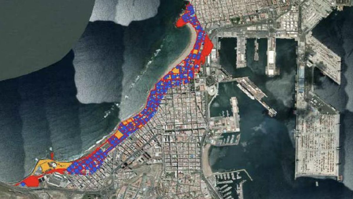 Lámina de la Playa de las Canteras. En rojo área de inundación, en azul zona residencial, y en naranja usos turísticos y recreativos (incluye el Auditorio Alfredo Kraus).