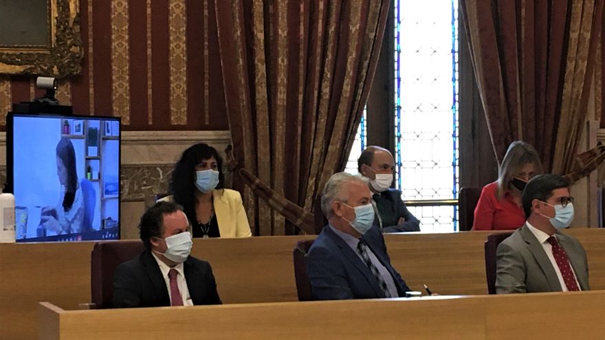 La edil no adscrita Sandra Heredia junto a los concejales de Vox y Amelia Velázquez (Cs), que intervino de manera telemática.
