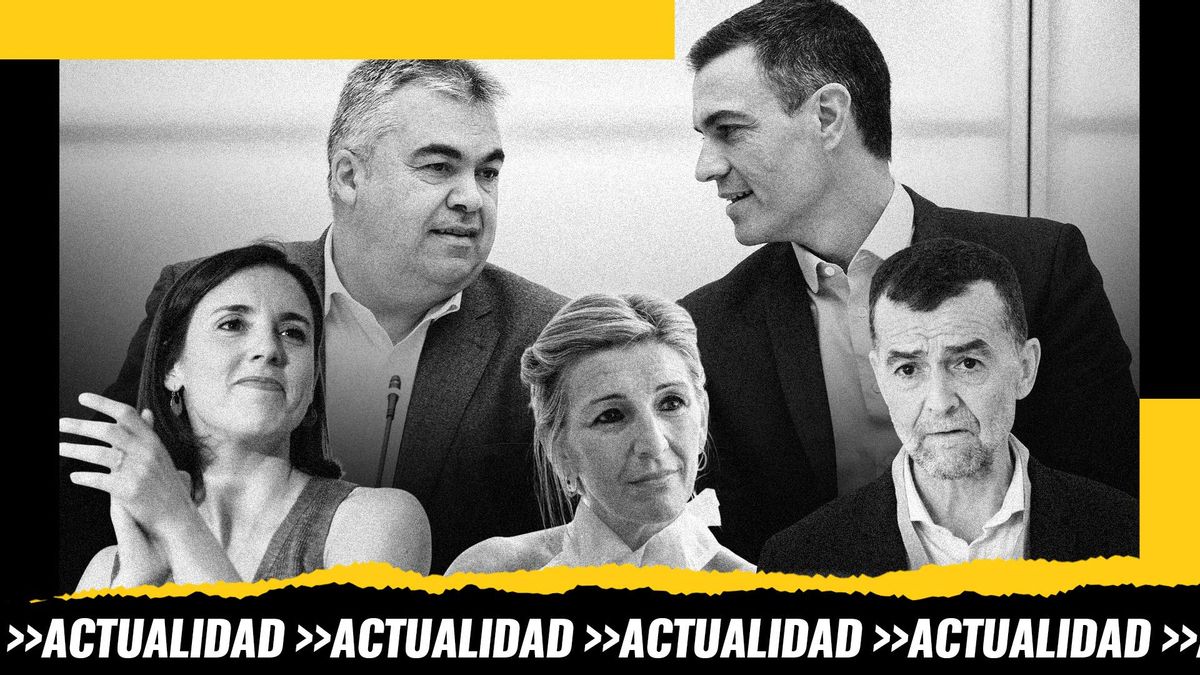 Irene Montero de Podemos, Yolanda Díaz de Sumar y Antonio Maíllo de IU, de fondo Pedro Sánchez y Santos Cerdán