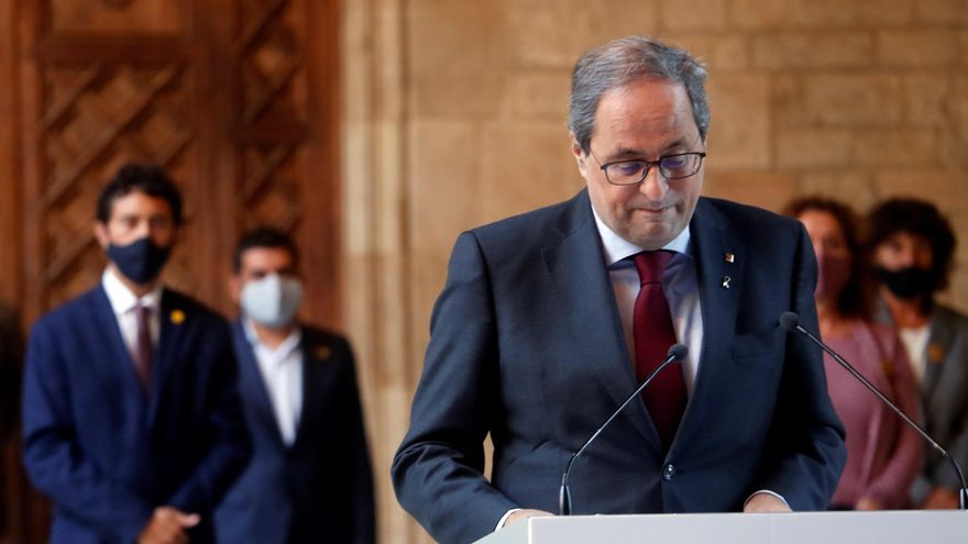 El presidente de la Generalitat, Quim Torra durante la declaración institucional que hizo después de que el Tribunal Supremo confirmase su condena de año y medio de inhabilitación. EFE/Marta Pérez/Archivo