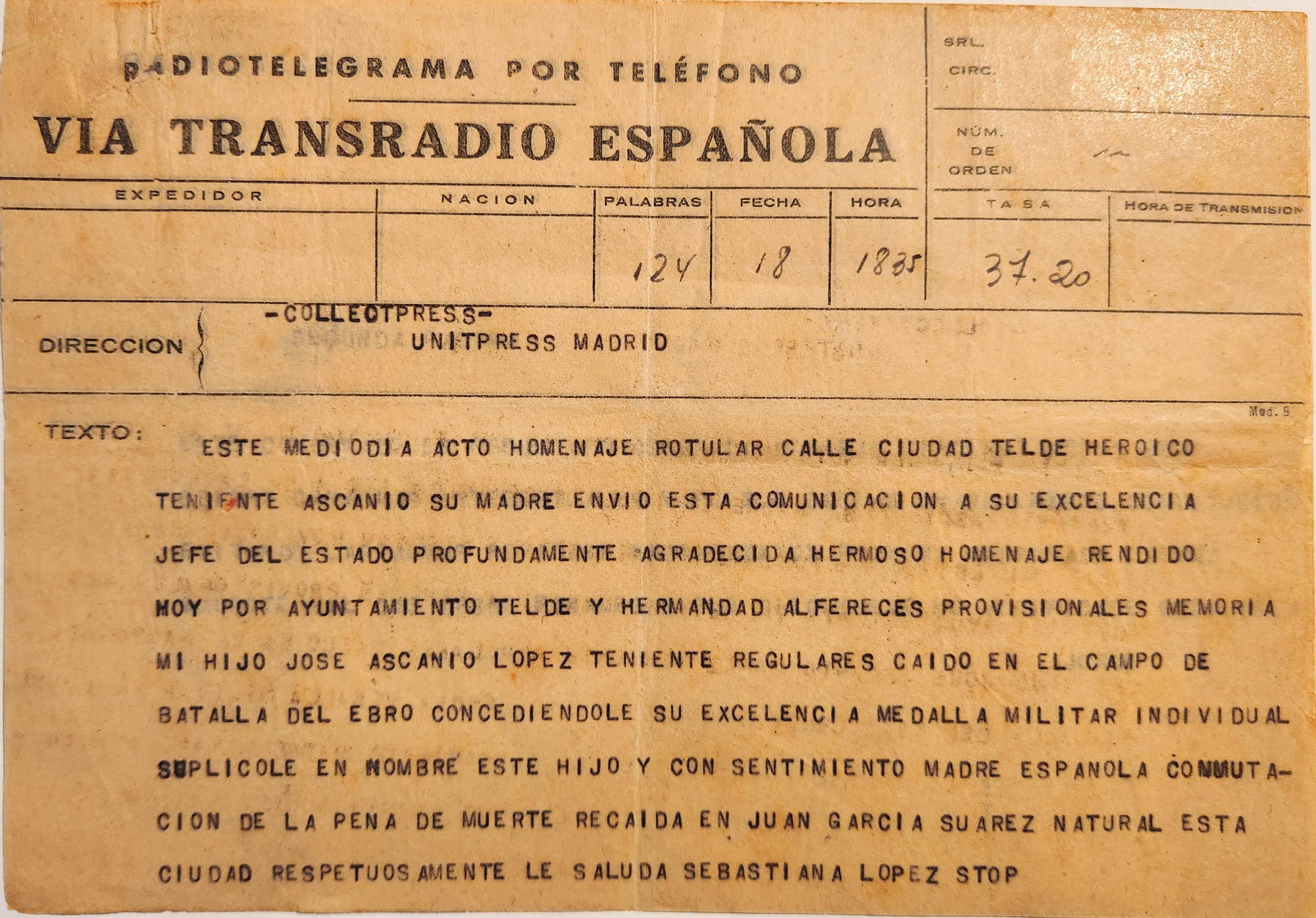 Telegrama enviado por el periodista a United Press Madrid.