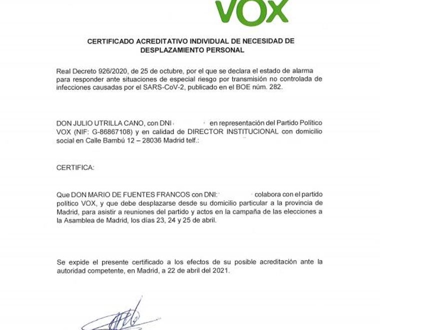 Certificado remitido por el alcalde de Barruelo del Valle (Valladolid), Mario de Fuentes.