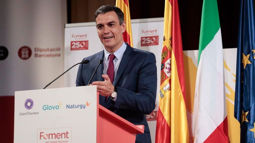 El presidente del Gobierno, Pedro Sánchez, este viernes en el Foro de Diálogo España-Italia en la sede de Foment del Treball