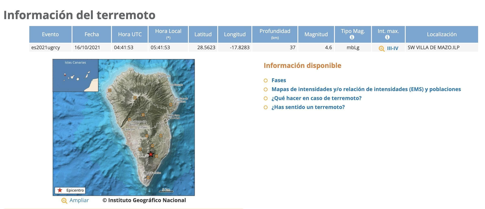 Registro del terremoto de 4,6 a las 05.41 horas en Villa de Mazo. IGN