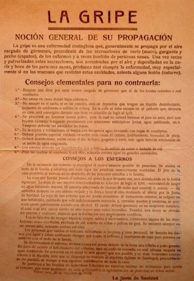Reproducción de un documento informativo sobre la gripe de la Junta de Sanidad de Villafranca del Bierzo en 1918.
