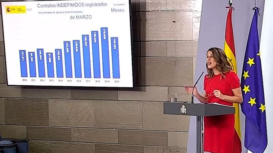 Captura de la señal institucional del Palacio de la Moncloa que muestra a la ministra de Trabajo, Yolanda Díaz, durante la rueda de prensa ofrecida este jueves, para informar sobre los datos de desempleo y afiliación a la Seguridad Social, en el Complejo de La Moncloa en Madrid.