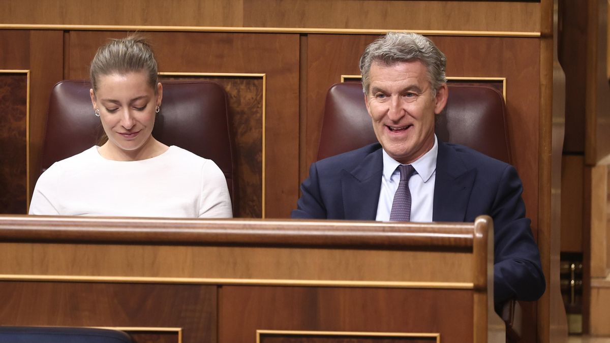 La portavoz del PP en el Congreso, Ester Muñoz, y el presidente del PP, Alberto Núñez Feijóo, durante una sesión de control al Gobierno.
