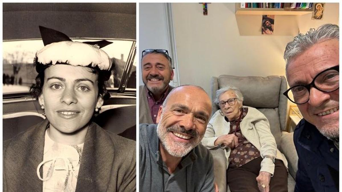 'Chonita' Carro de joven y en su 100 cumpleaños acompañada por sus tres hijos.