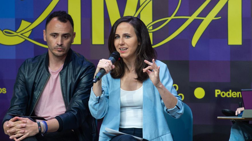 El candidato de Podemos a la Alcaldía de Madrid, Roberto de Sotomayor y la secretaria general de Podemos y ministra de Derechos Sociales y Agenda 2030, Ione Belarra, durante el acto 'Escudo Climático'
