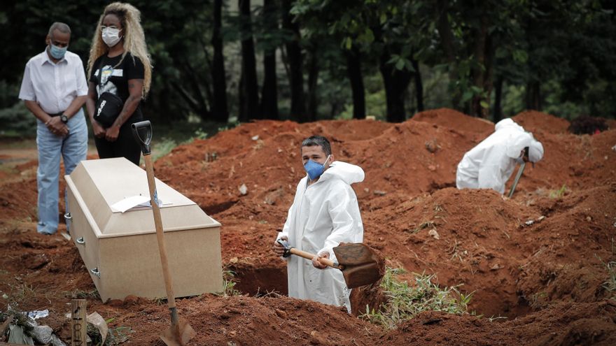Un trabajador entierra a una víctima de covid-19, mientras familiares se lamentan en el Cementerio Vila Formosa, en Sao Paulo (Brasil). EFE/Fernando Bizerra Jr/Archivo
