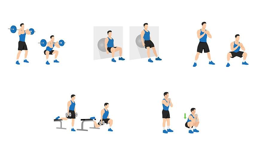 Variaciones de sentadillas: frontal, pared, sumo, búlgara y goblet.