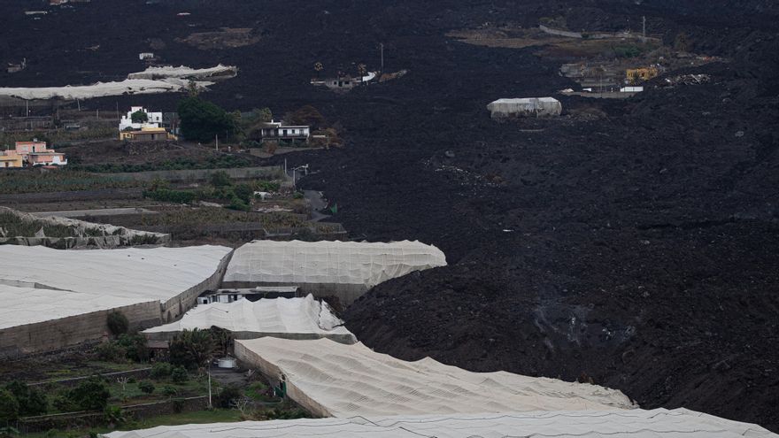 Vista de la colada de lava este miércoles desde la montaña de La Laguna