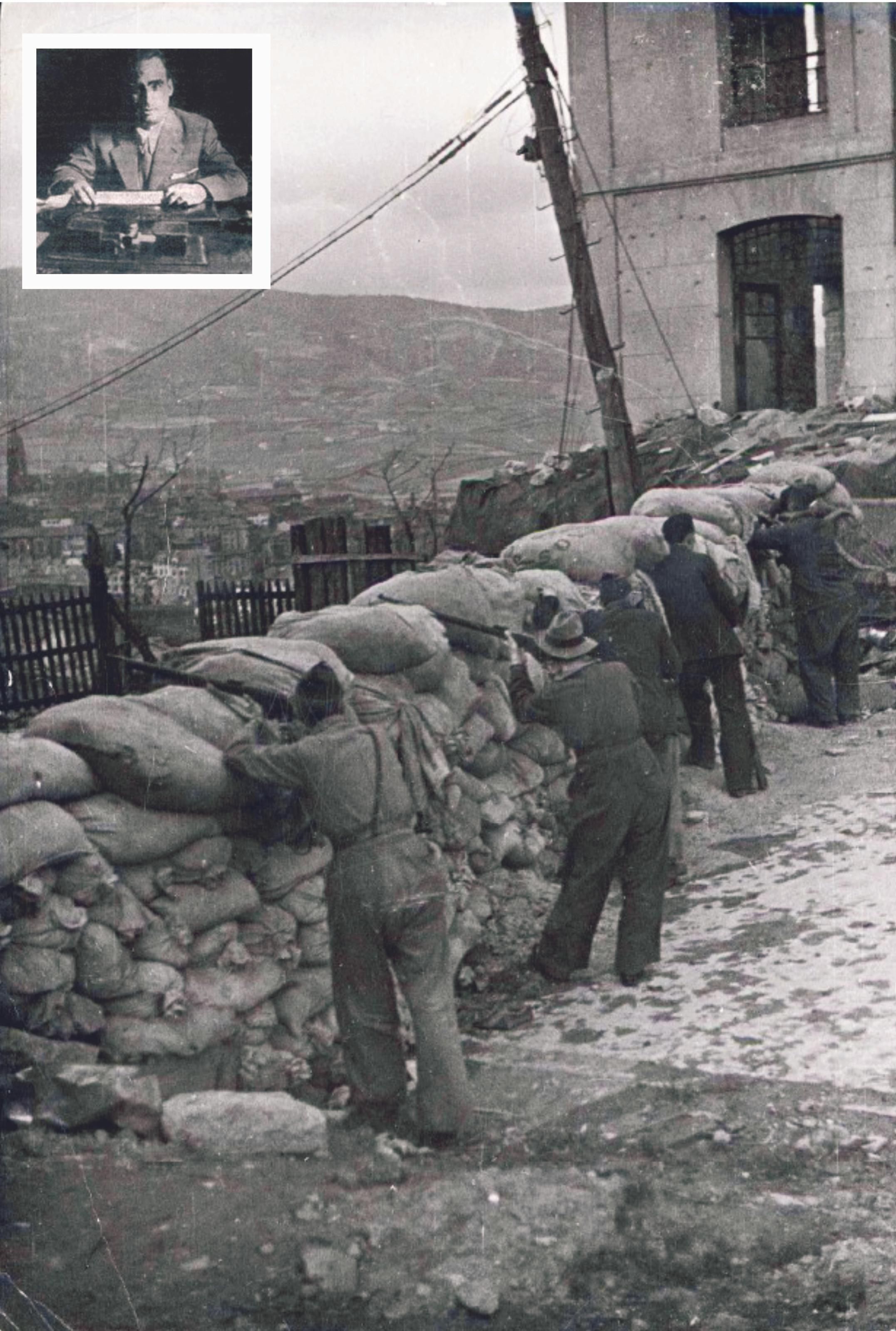 Isidro Liarte Lausín (en el recuadro) gobernador civil de Oviedo tras su paso por Toledo en 1933, acusado de haber entregado armas  a las milicias obreras que se opusieron al golpe de Estado fue fusilado por los franquistas a la toma de la capital asturiana, Trinchera en las cercanías de Oviedo