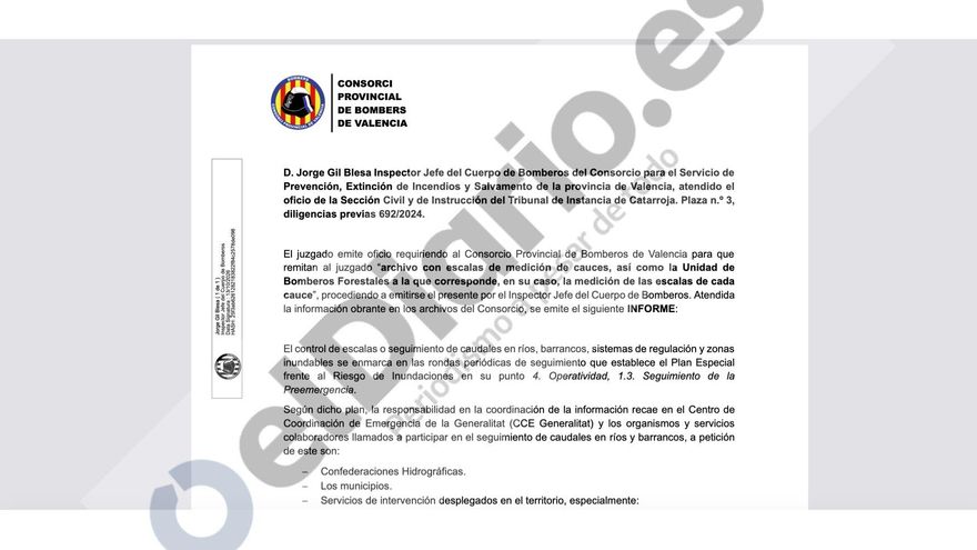 Un informe de los Bomberos señala la "responsabilidad" de la Generalitat en el control del barranco del Poyo en la dana