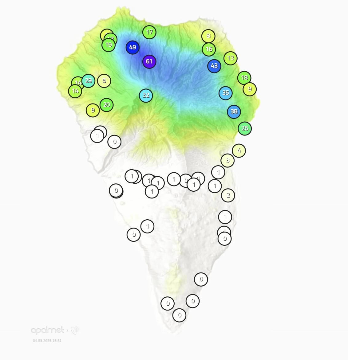 Mapa de Apalmet  de la lluvia registrada en diversos puntos de La Palma este  martes, 4 de marzo, hasta las 15.55 horas.