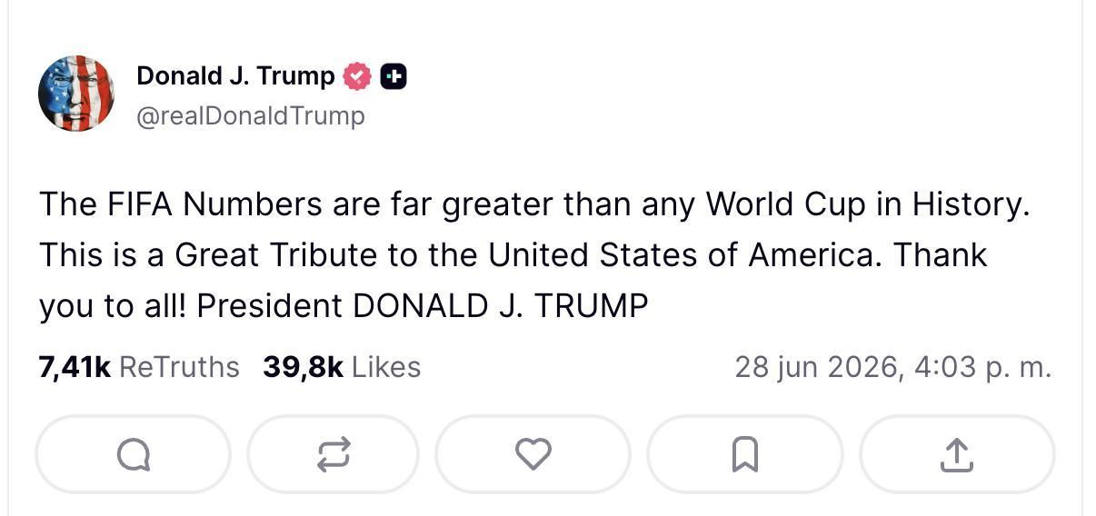 Truth Social de Trump sobre el Mundial.