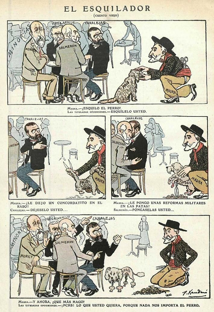 Una tira cómica que muestra el desprecio que otros líderes conservadores (como Canalejas o Salmerón) tenían respecto a las políticas regeneradoras de Maura.