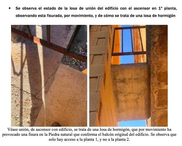 Extracto del informe pericial encargado por el Ayuntamiento del Molar. En este punto se refiere a las deficiencias de obra del ascensor