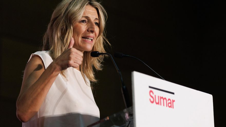 La vicepresidenta segunda, ministra de Trabajo y Economía Social y líder de Sumar, Yolanda Díaz, participa en un acto de precampaña electoral, en el Palacio de Congresos de Toledo, a 2 de julio de 2023, en Toledo, Castilla-La Mancha (España).