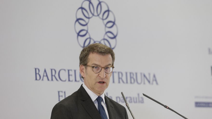 El líder del PP, Alberto Núñez Feijóo, durante su intervención en la conferencia "En defensa de la política útil y de consenso frente a la política que confronta e insulta". EFE/Quique García