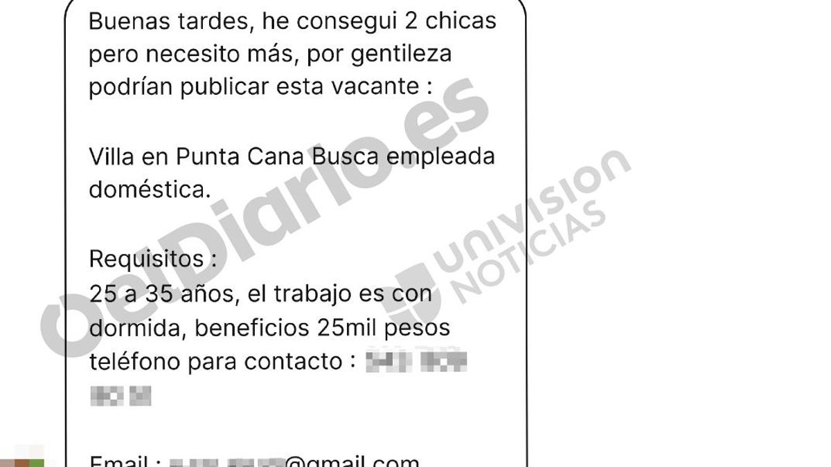 Instagram ad requesting employees for the villa in Punta Cana with information that matches Julio Iglesias's residence.