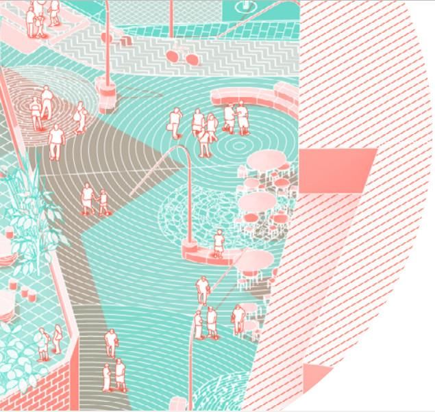 Zona norte de la plaza de Mostenses, con una grada urbana arriba, a la derecha y un ensanchamiento notable del espacio peatonal