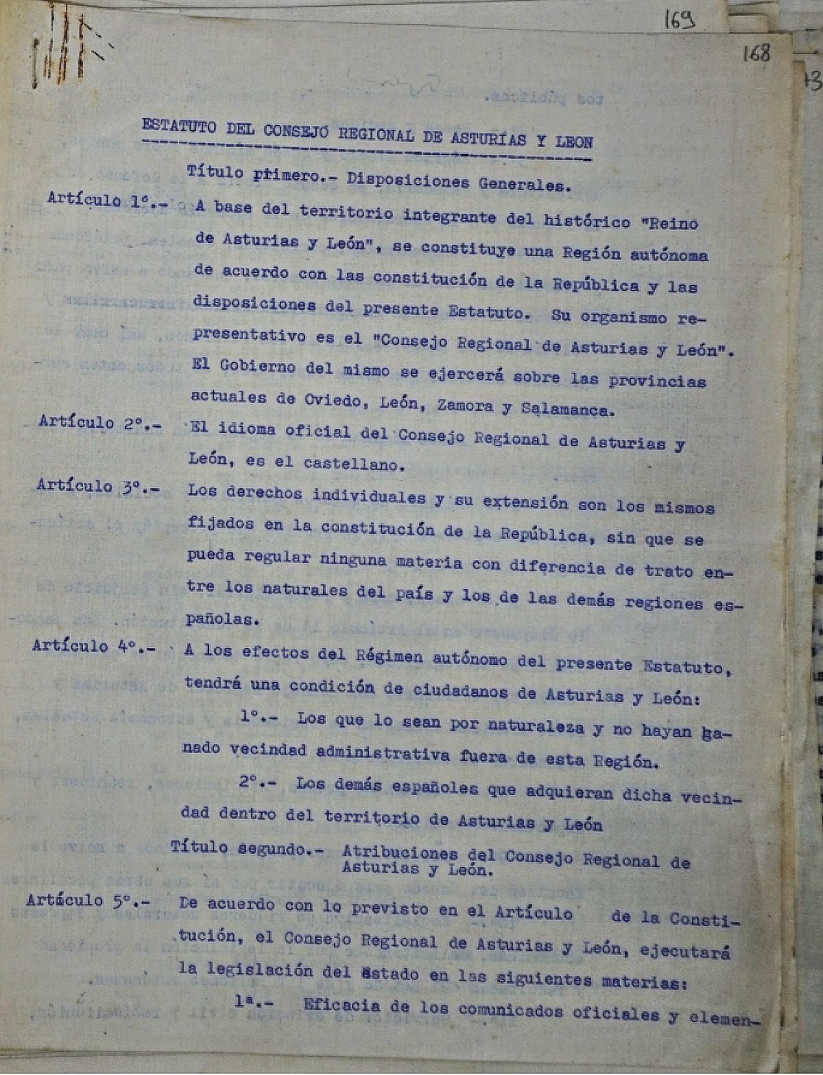 Primeros artículos del proyecto de Estatuto Regional de Asturias y León de 1937.