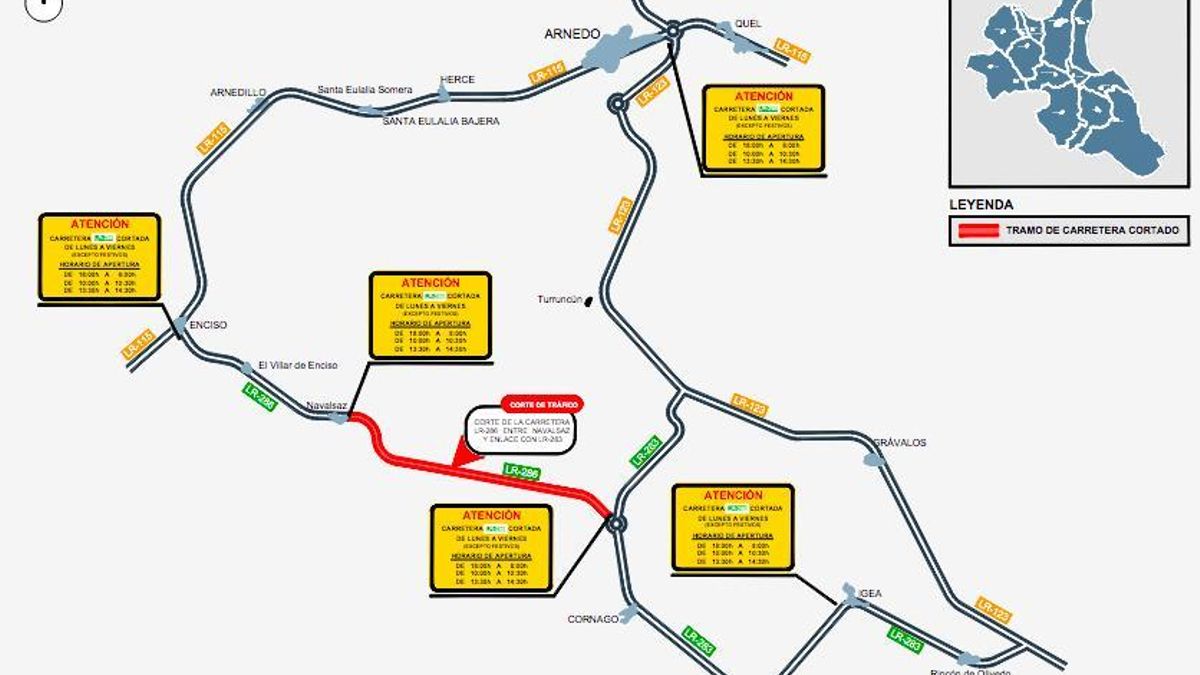Cartel informativo de la existencia del corte en la LR-286