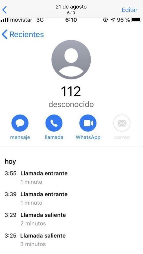 Captura del registro de las llamadas que realizó la hija del hombre fallecido al Servicio de Emergencias