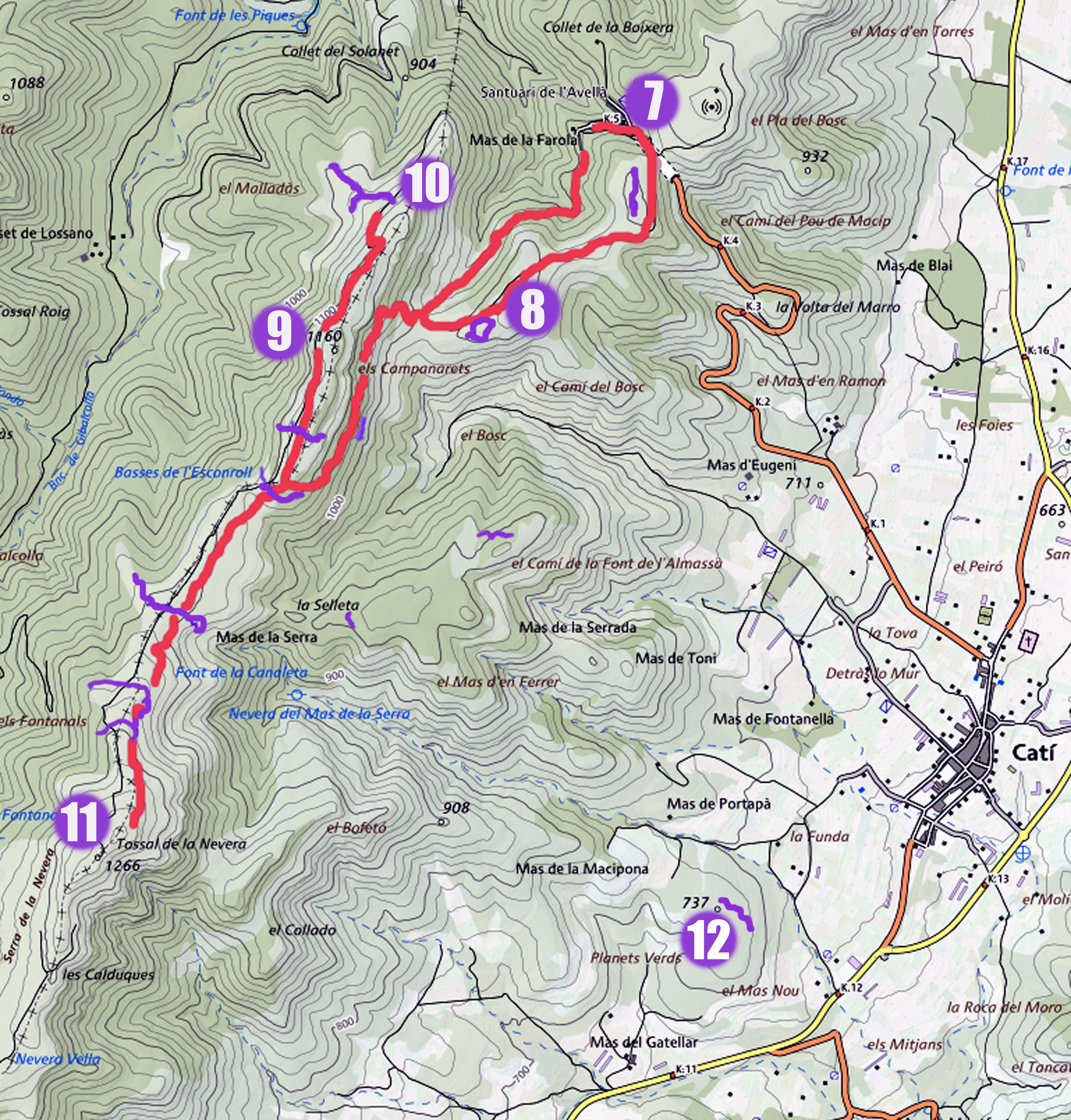 Mapa del sector de la Nevera de Catí, amb l'itinerari de l'excursió i senyalització dels llocs on quedem parapets defensius.
