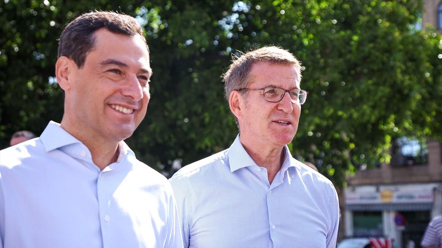 El presidente del PP y candidato a la Presidencia del Gobierno, Alberto Núñez Feijóo, junto al presidente de la Junta y del PP-A, Juanma Moreno.