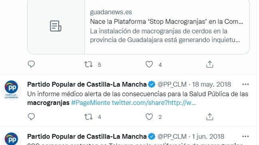 El PP de Castilla-La Mancha borra sus críticas a las macrogranjas en Twitter