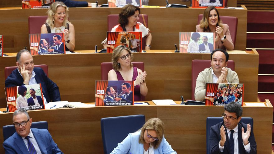 Diputados del PP exhiben carteles contra el Gobierno en Les Corts