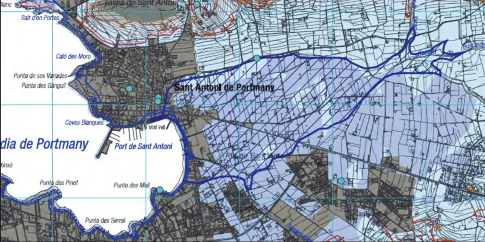 Mapa que mostra les zones que corren risc d'inundar-se en cas de precipitacions fortes. Inclòs en el inclòs a l'estudi elaborat el 2013 pel geògraf Vicent Prats Ramon