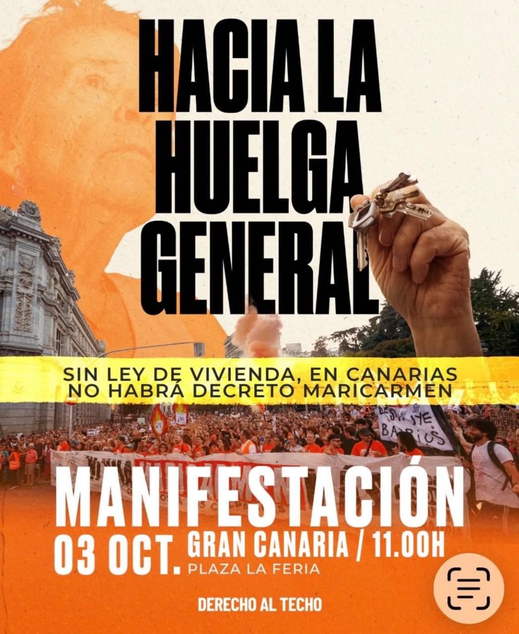 Cartel 'Hacia la huelga general' de Derecho al Techo convocando a una movilización por el derecho a la vivienda.