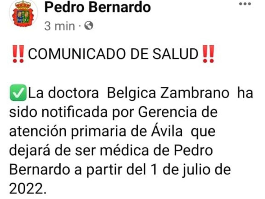 Comunicado del Ayuntamiento de Pedro Bernardo.