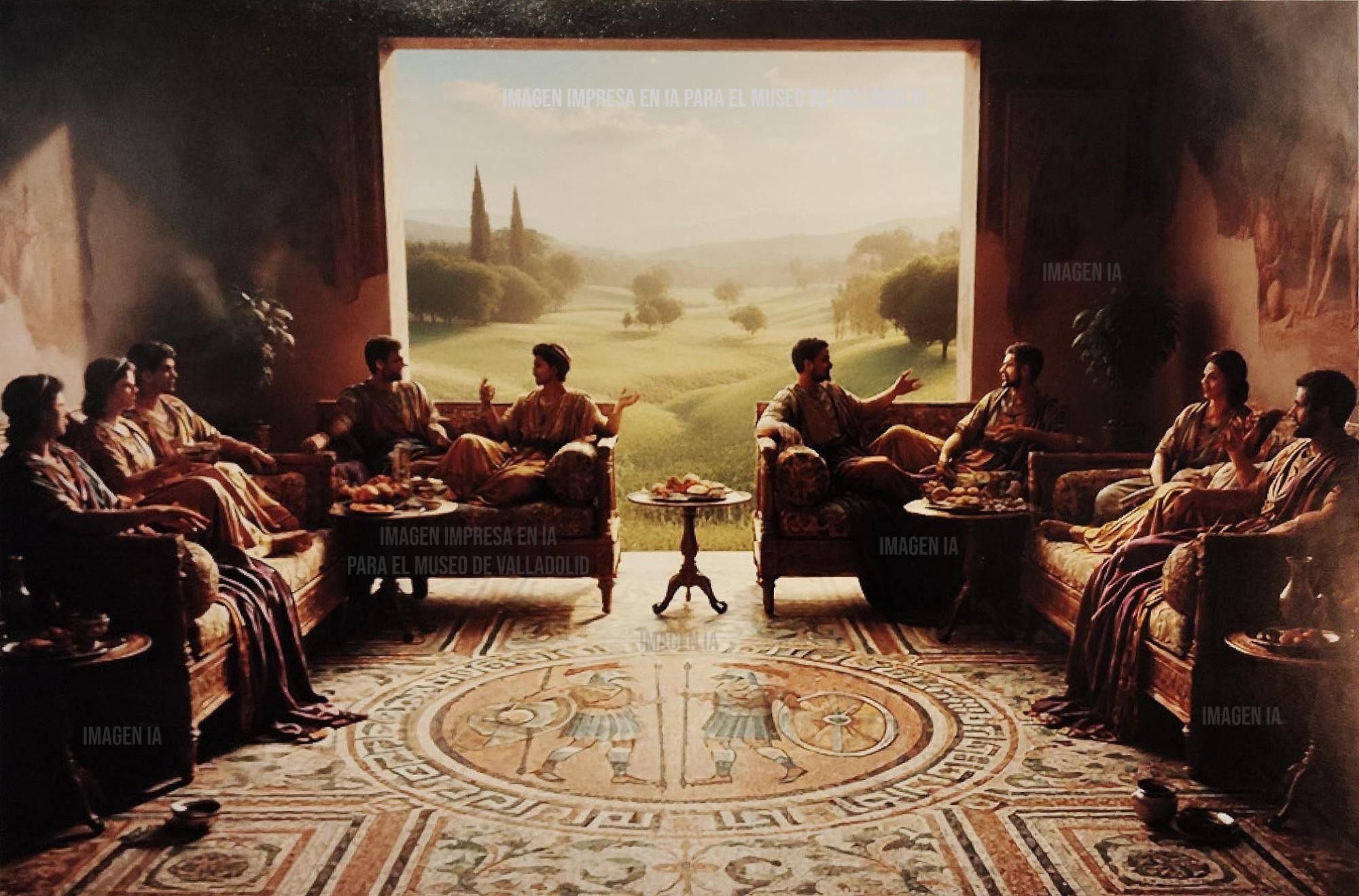 Imagen IA de un triclinium romano que parece el Nido del Águila que Speer diseñó en la Alemania de los Años 30, con un mosaico ficticio y un ventanal que nunca habría en esa habitación.